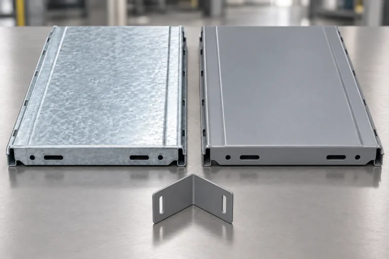 Photorealistic powder-coated steel rack coupons with two different clean pretreatment surface states shown as physical samples only, no chemical labels or bottles.