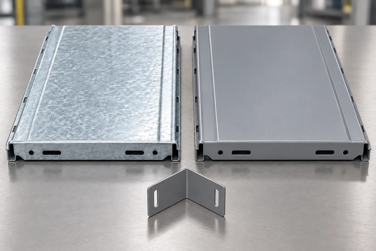 Photorealistic powder-coated steel rack coupons with two different clean pretreatment surface states shown as physical samples only, no chemical labels or bottles.