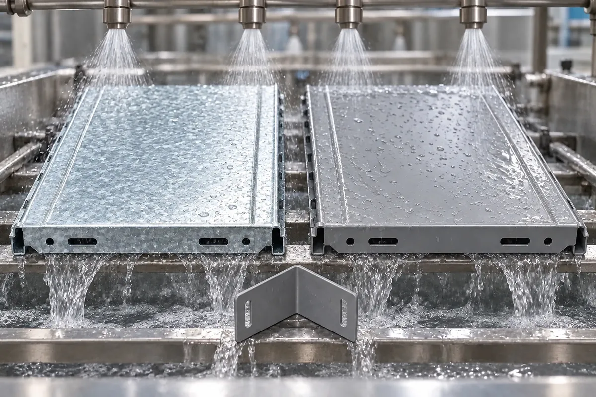 Metal shelf coupons moving through a neutral industrial pretreatment rinse stage before coating, no text, numbers or equipment readouts.