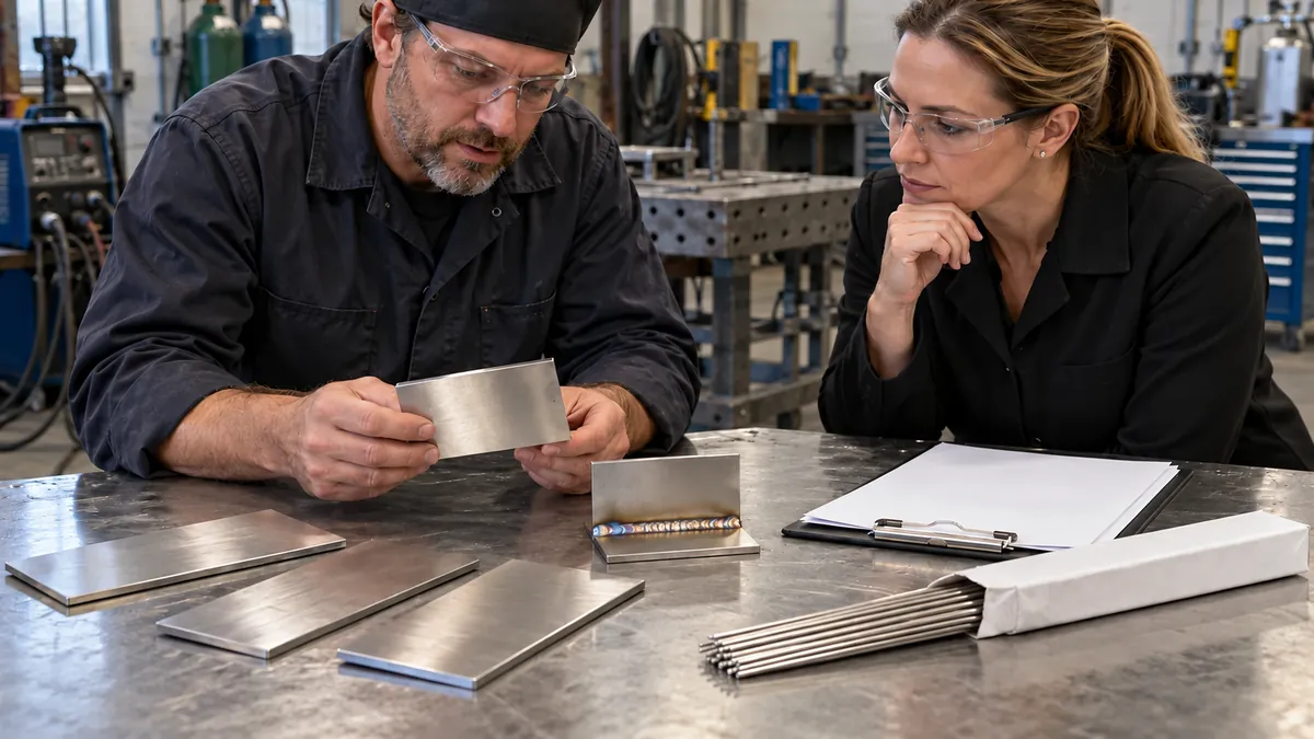 Buyer reviews stainless welded coupons with different heat-affected appearance, no claims, labels or numeric marks.