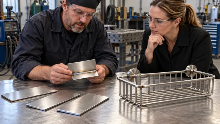 Photorealistic stainless wire basket weld and thin sheet coupon after welding, subtle heat tint near the joint, realistic non-dramatic surface, no text.