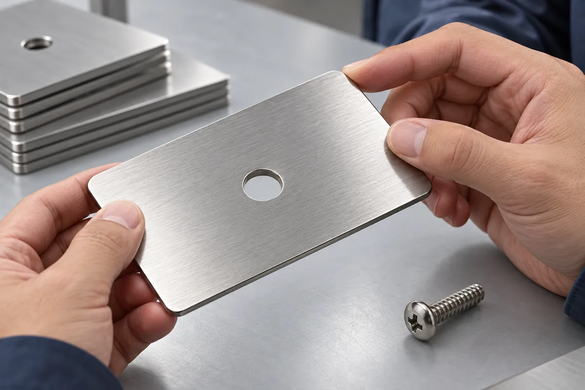 Buyer checks stainless bracket blanks for edge cracks after forming, hands and actual metal parts, no marks or text.