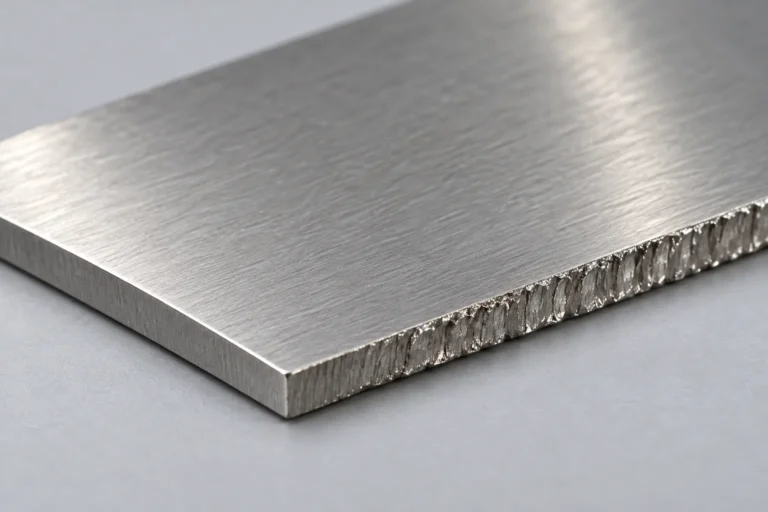 Photorealistic close-up of a sheared stainless sheet edge before bending into a small bathroom bracket, edge condition and metal grain visible.