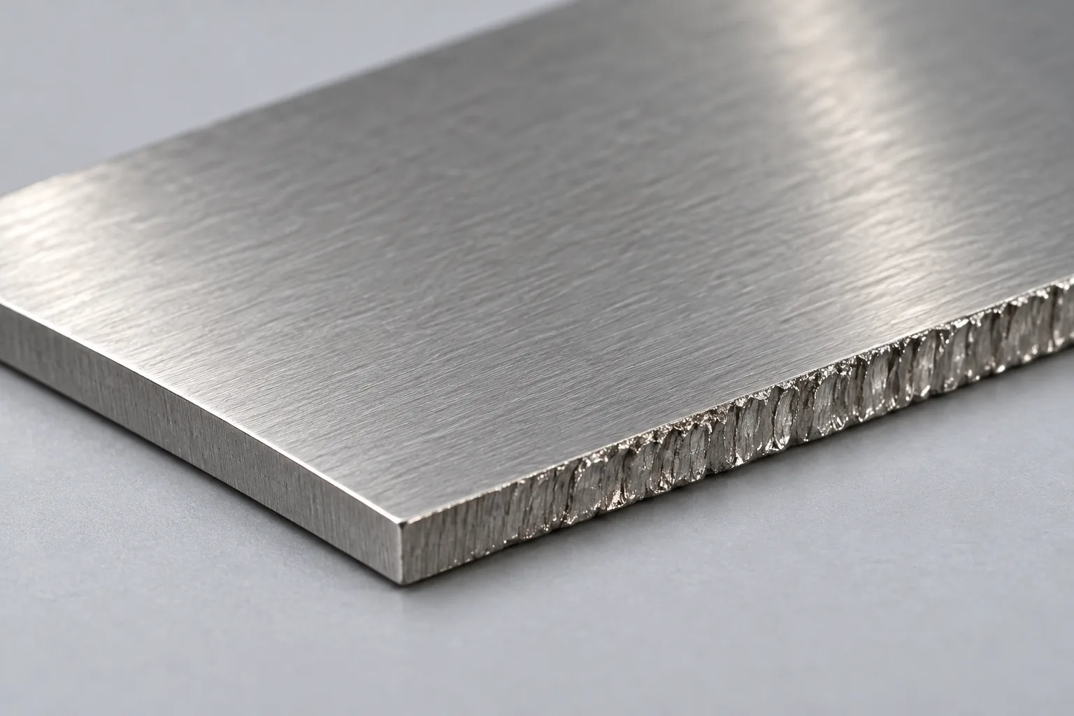 Photorealistic close-up of a sheared stainless sheet edge before bending into a small bathroom bracket, edge condition and metal grain visible.