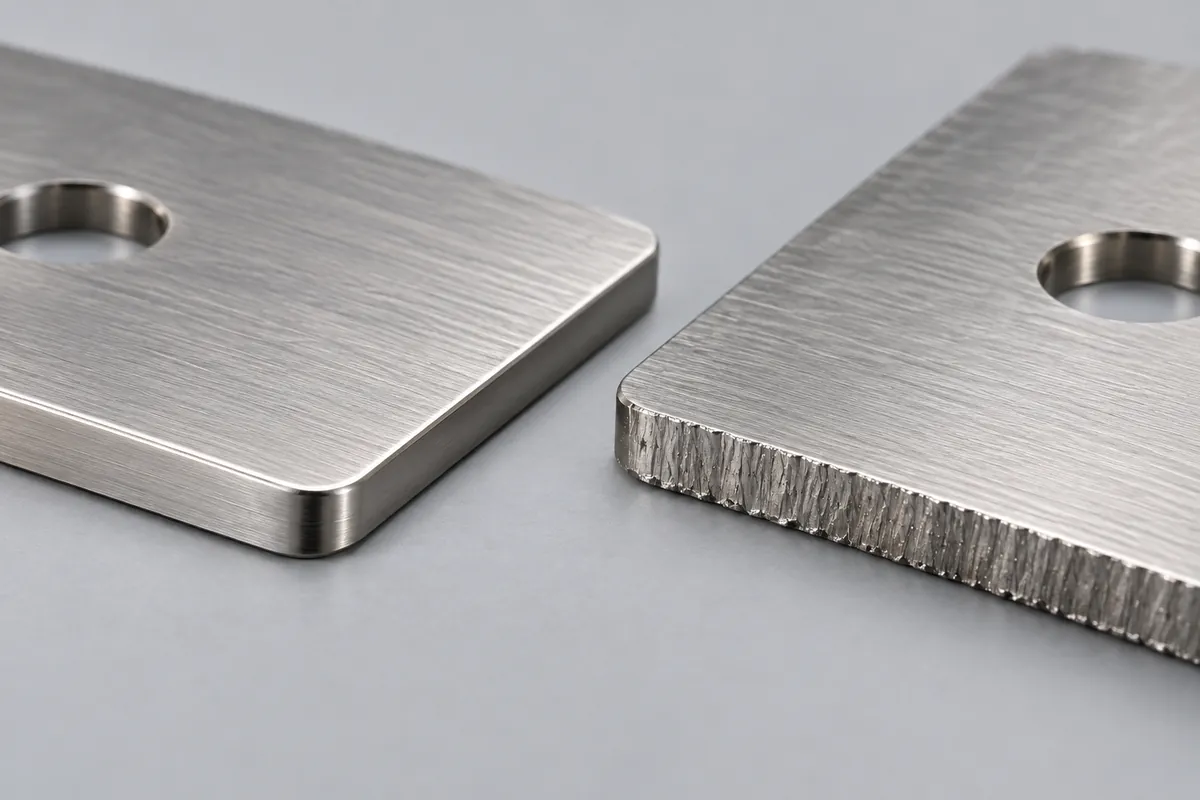 Macro side-by-side of smooth and rough sheared stainless edges under neutral light, real physical coupons, no labels.