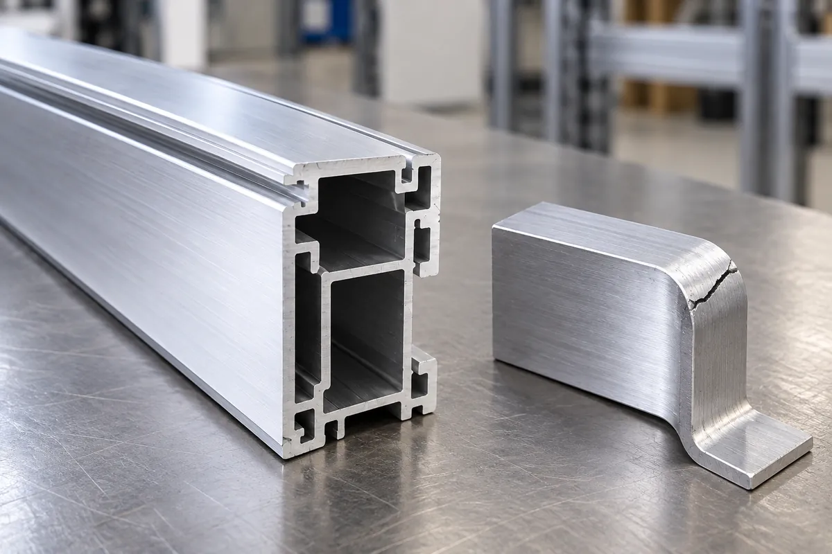 Close-up of aluminum strip bent around a smooth die, temper is not printed or labeled, realistic surface.