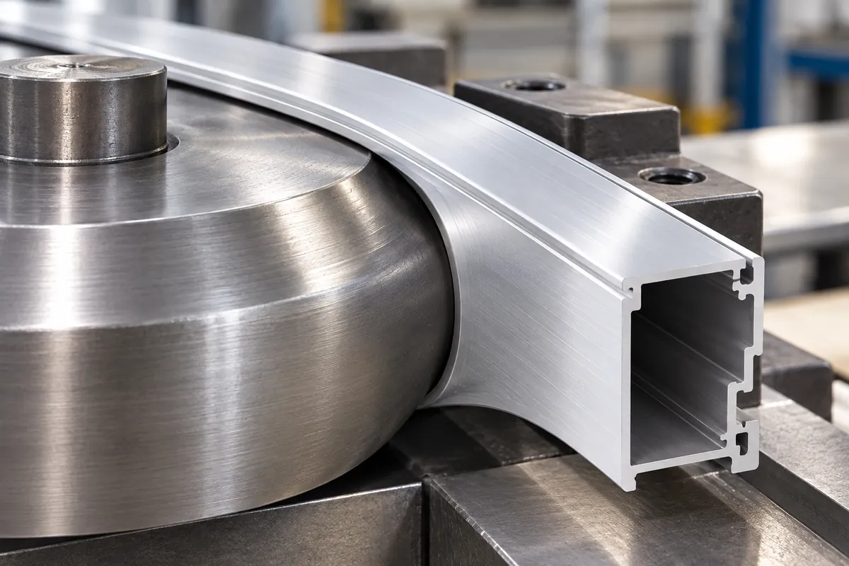 Buyer compares aluminum bend trial coupons and a finished rail profile, no charts, stamps, numbers or text.