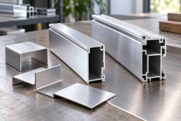Photorealistic aluminum storage-rack rail section with a clean bend and a separate trial coupon showing a small edge crack, metallic texture, no labels.