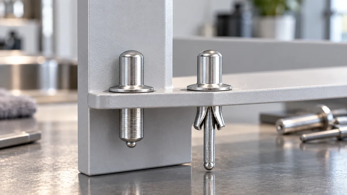 Macro comparison of open-end and closed-end blind rivet tails mounted through coated metal coupons, no labels or arrows.