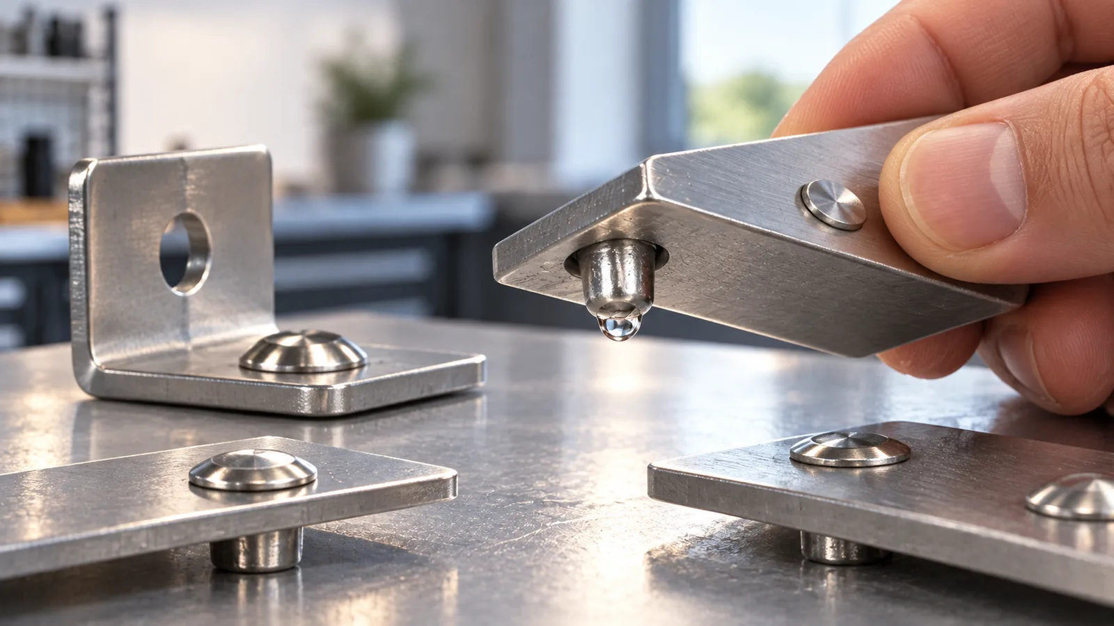 Photorealistic close-up of two blind rivets joining a thin coated metal bathroom bracket, one closed-end rivet with sealed visible tail and one open-end rivet, no water claims.