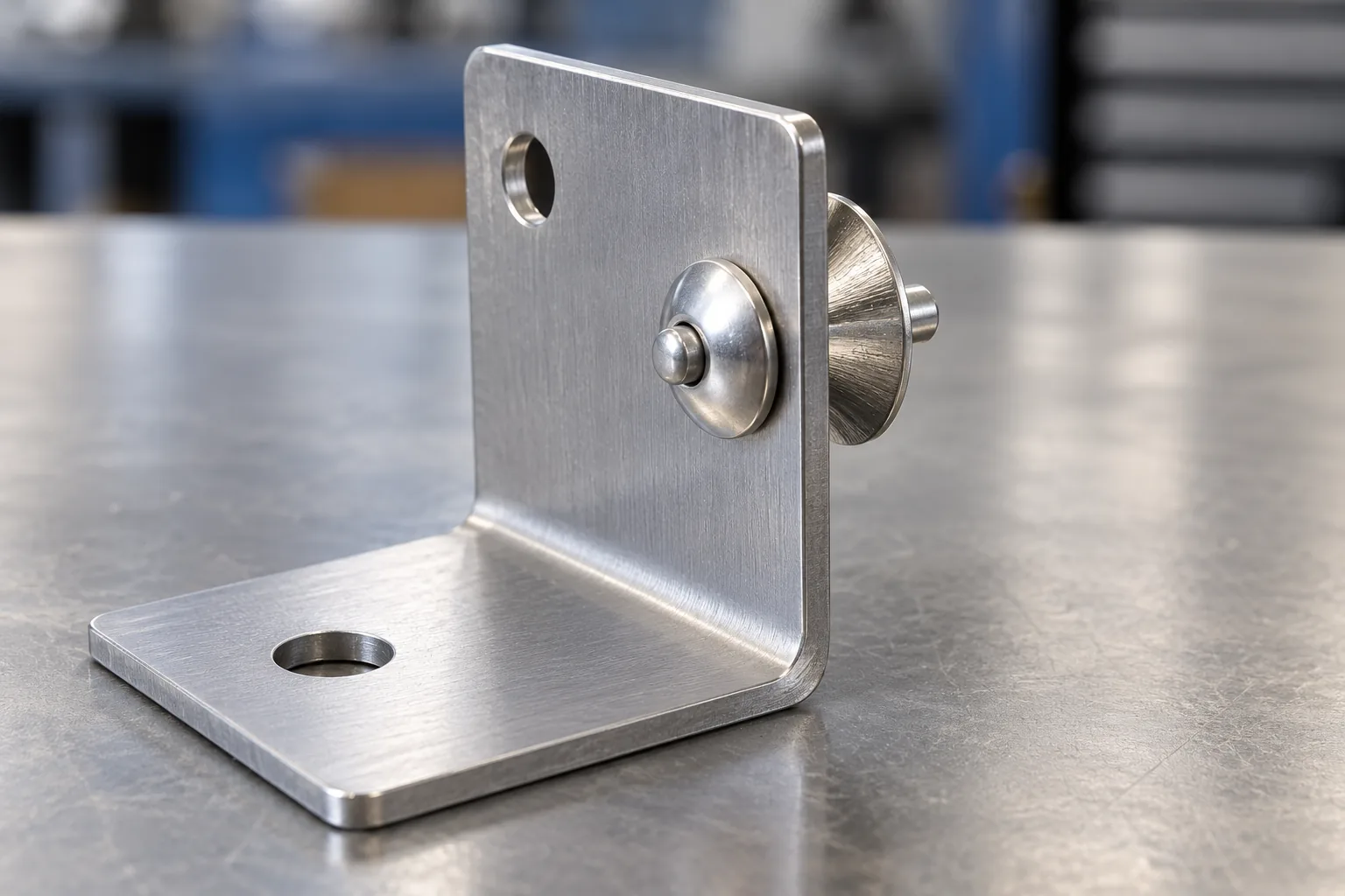 Conceptual thin shelf bracket joined with a blind rivet and broad secondary rear flange, shown as a conceptual hardware sample.