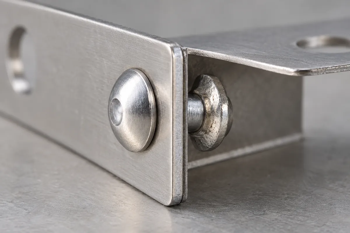 Close-up showing close-up of the rivet head, sheet bearing footprint and accessible rear flange on a metal bracket section.