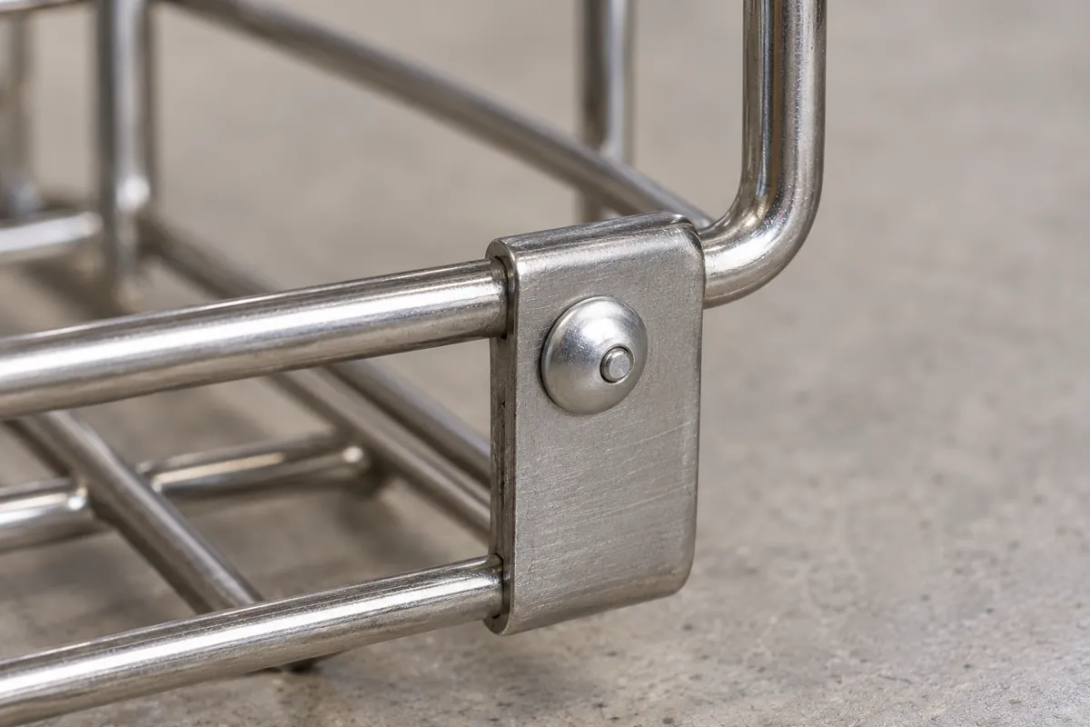 Close-up showing macro view of a blind rivet's formed head and retained mandrel end on a neutral metal joint coupon.