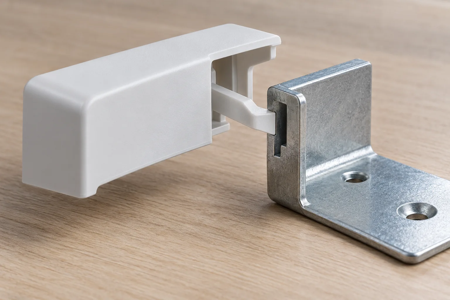 Conceptual unbranded polymer cover with a flexible cantilever tab engaging a metal storage bracket, conceptual sample.