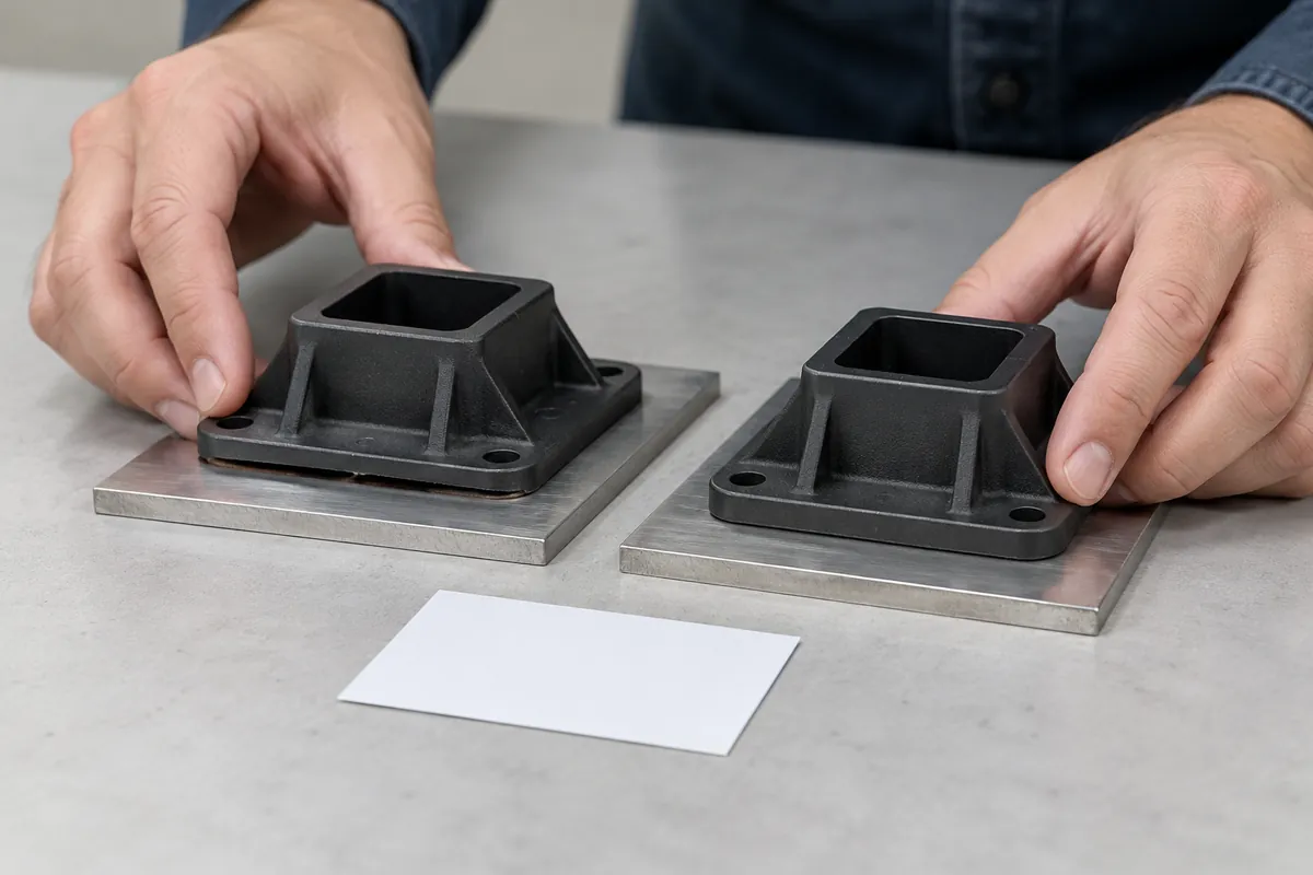 Buyer sample review of buyer fit review with molded base, metal mating panel and blank paper card, neutral supplier sample table.