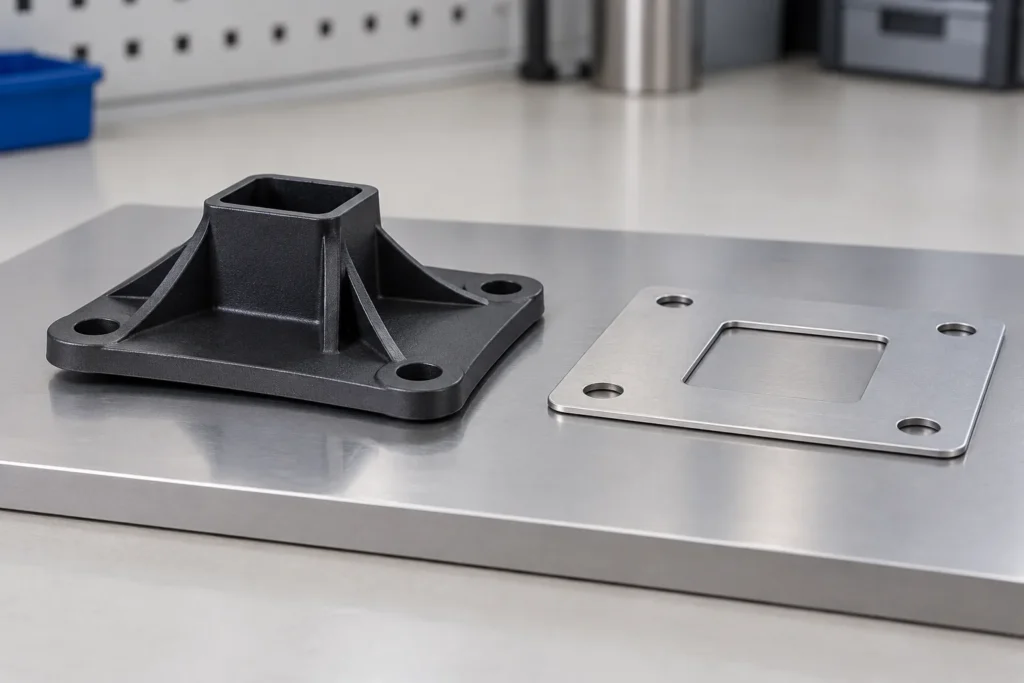 Conceptual unbranded molded mounting base checked against a flat metal mating bracket, conceptual bought-in component.