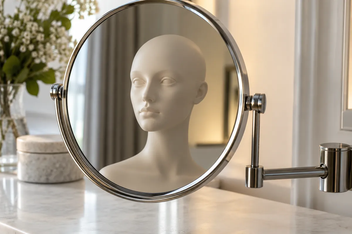 Close-up showing close mirror surface showing a subtle reflection of a neutral face-shaped mannequin bust at a natural distance, no distortion effects.