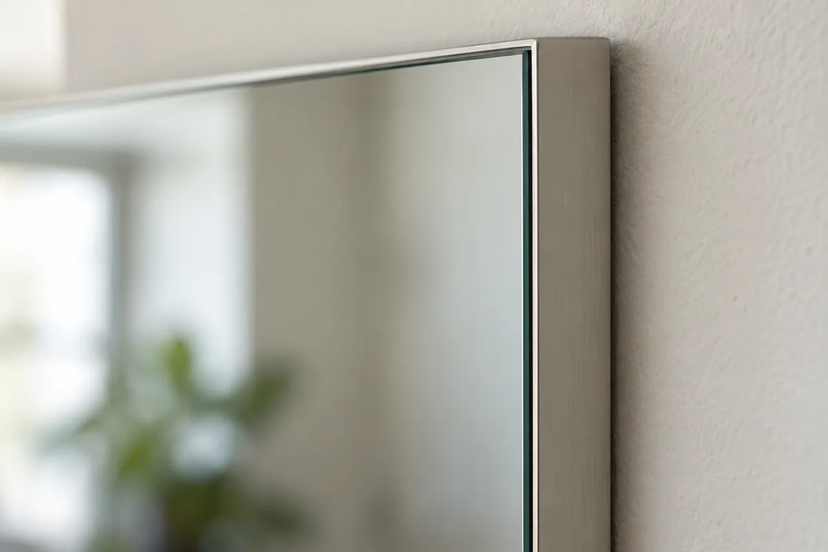 Close-up showing rear-side close-up of a mirror backing and narrow adhesive bond line against a metal frame, no labels.