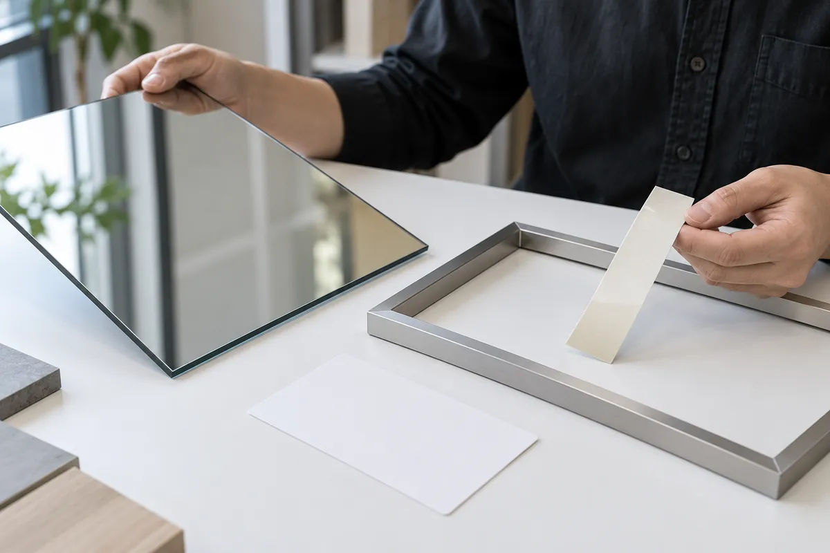 Buyer sample review of product developer reviewing a mirror, metal frame and neutral adhesive sample pack with no brand or text.
