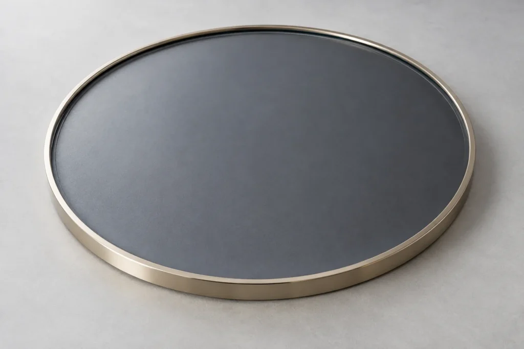 Conceptual unbranded round mirror panel seated in a slim metal frame with adhesive contact areas hidden from the front.
