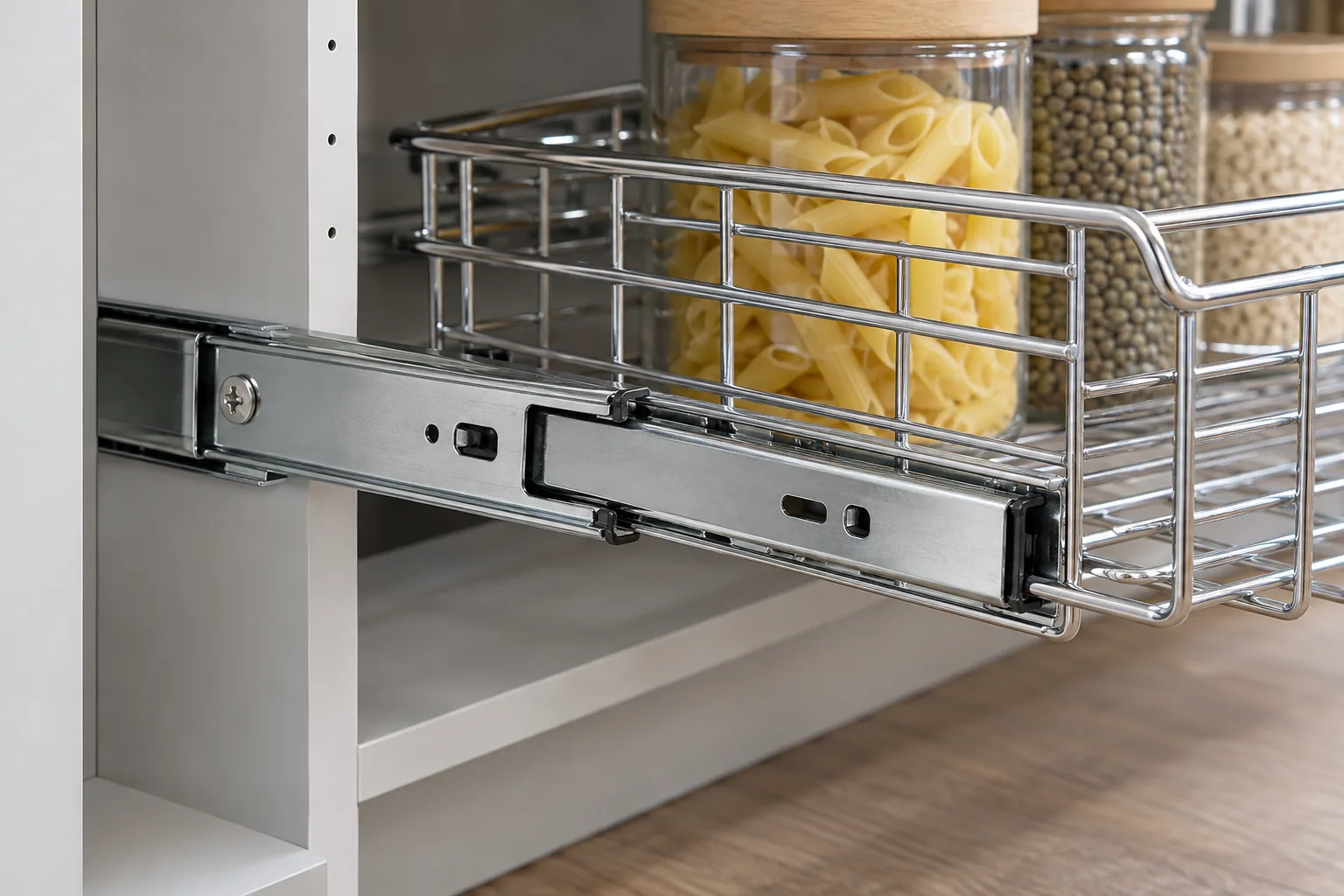 Conceptual pull-out wire basket beside a drawer slide and low-profile mounting screw, showing realistic side clearance.