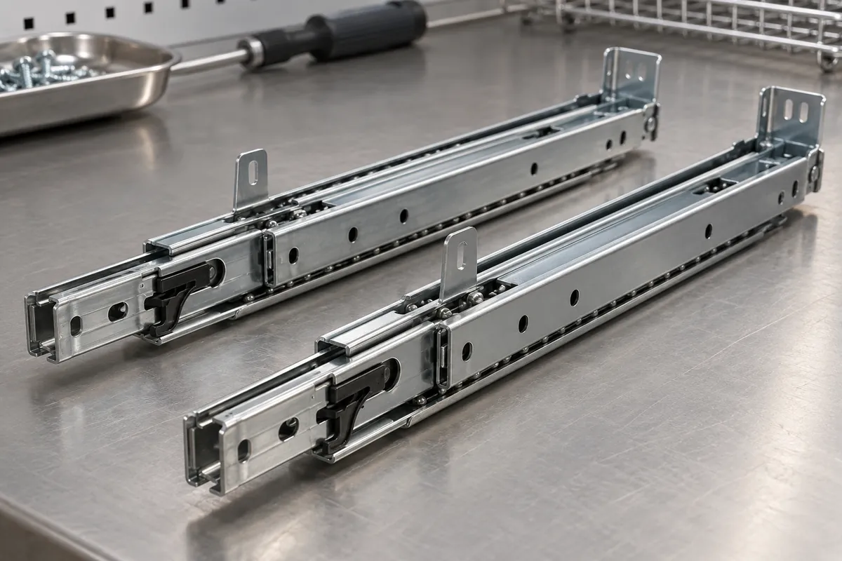 Close-up showing close side view of a drawer slide release feature and travel stop on a neutral rail sample.