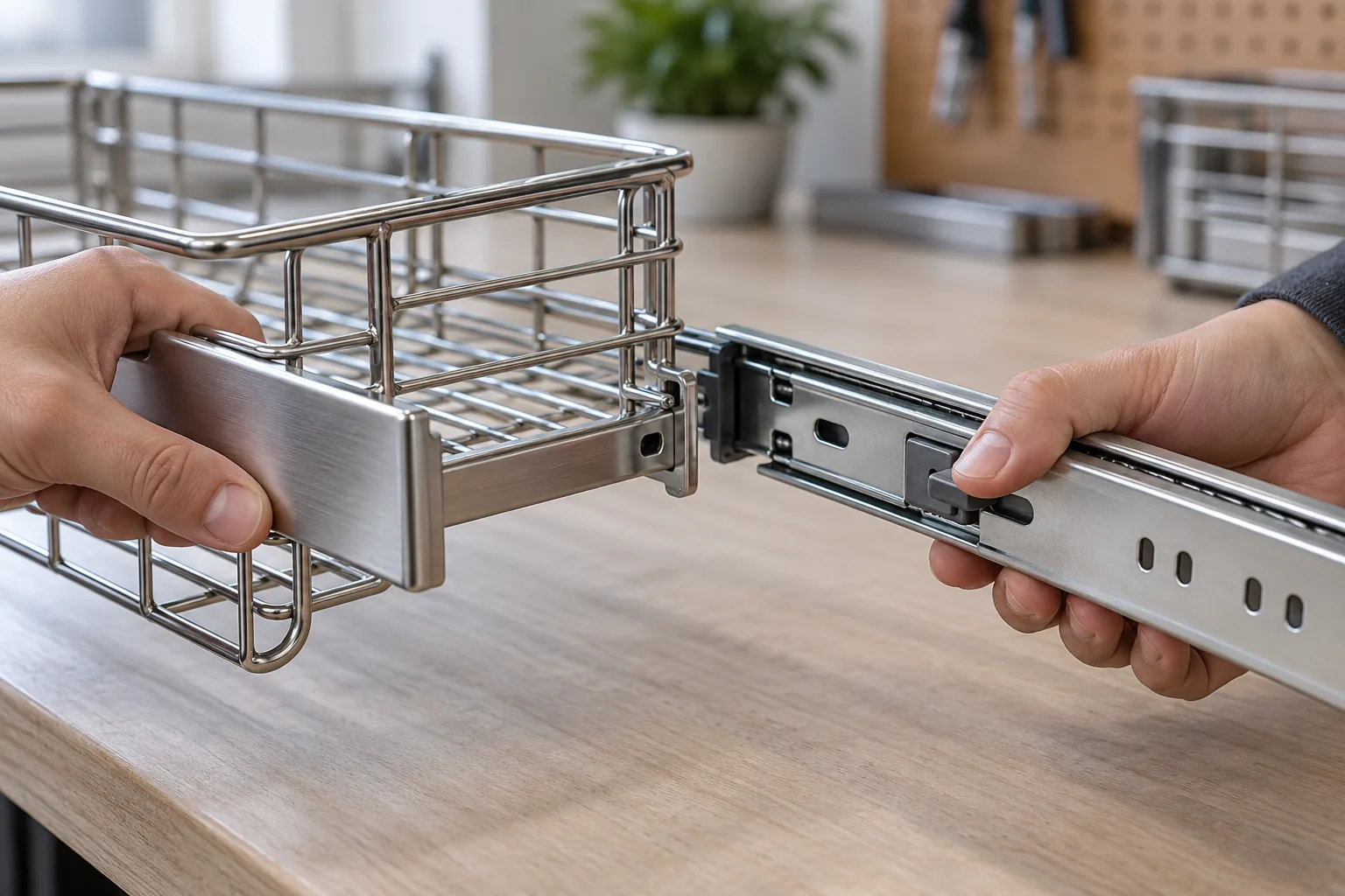Conceptual pull-out wire basket on drawer slides with a visible but unbranded release lever in its proper side position.