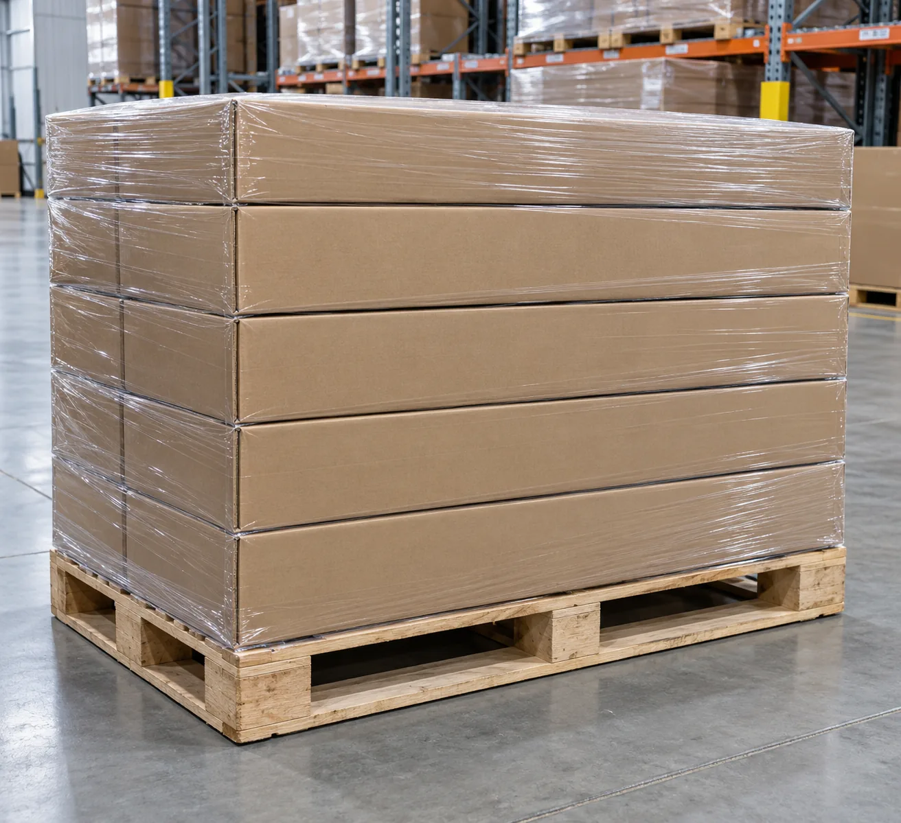 Conceptual plain cartons of metal storage hardware arranged flush on a pallet deck with no overhang.