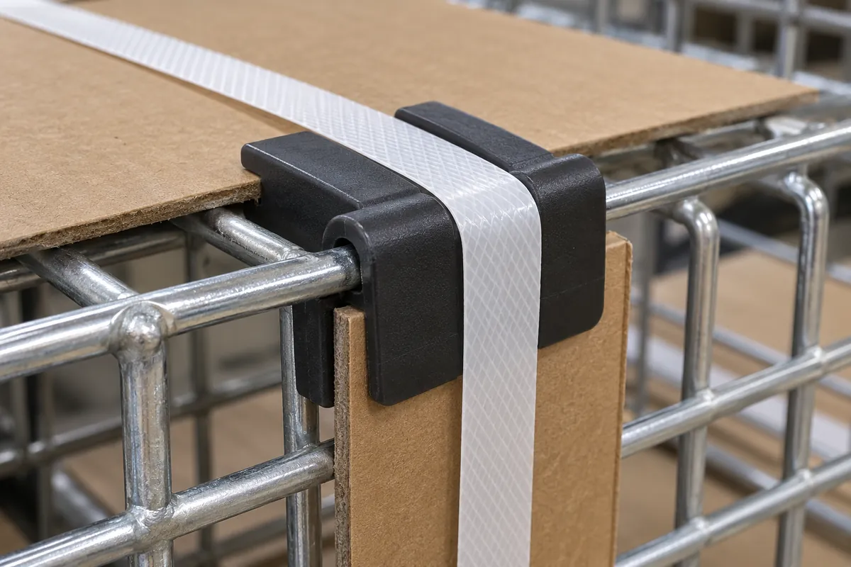 Close-up showing close-up of strap tension path over a padded metal frame corner, no crushed edges or numeric tension tool.