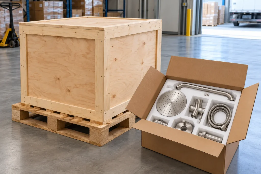 Conceptual export carton for metal hardware on a clean pallet with plain plywood blocks and no compliance marks.