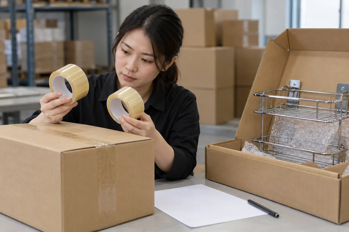 Buyer sample review of packaging buyer reviewing tape strips, carton board and a metal accessory sample on a blank table.
