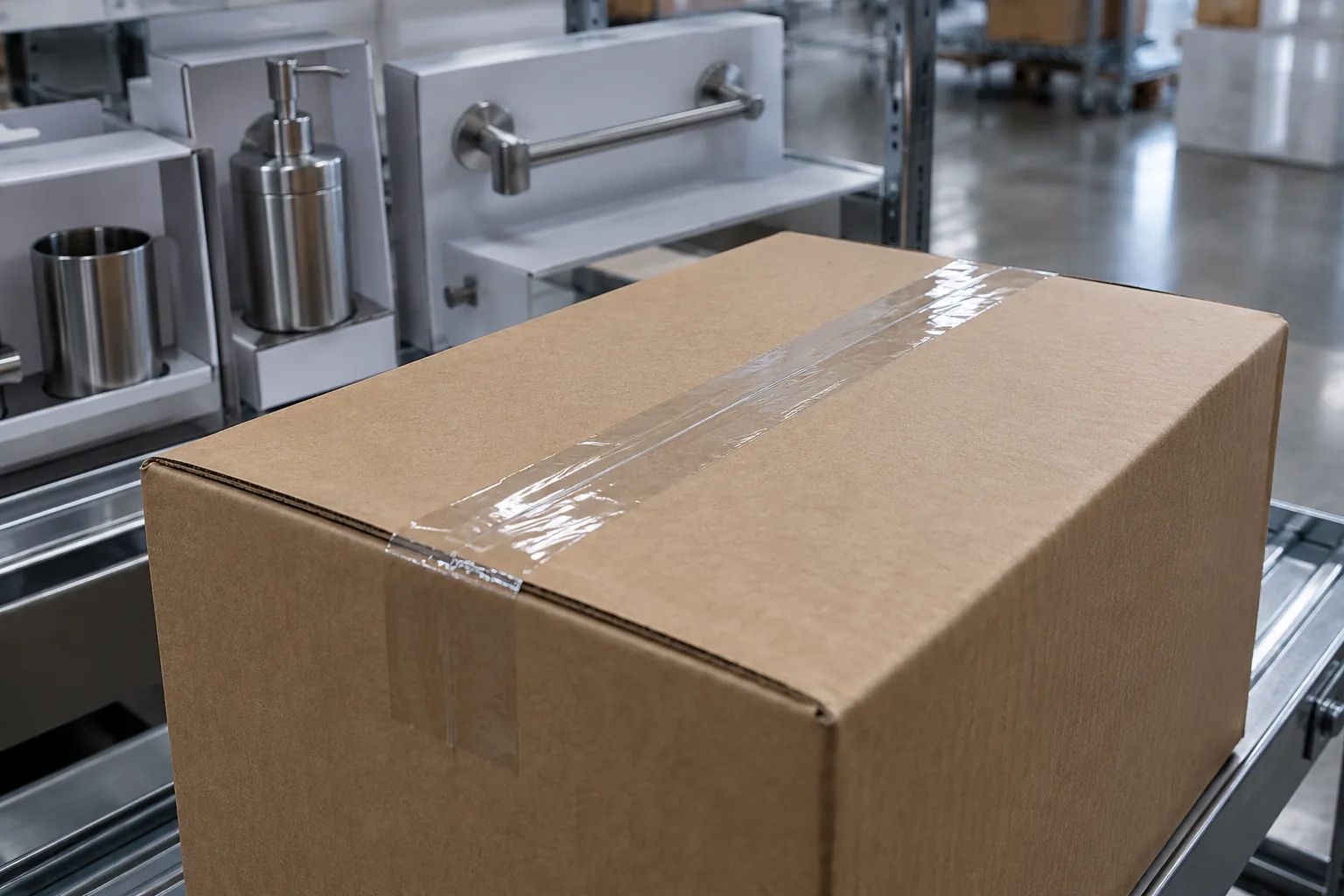 Conceptual plain export carton containing metal bathroom accessories, sealed with clear carton tape in a controlled neutral scene.