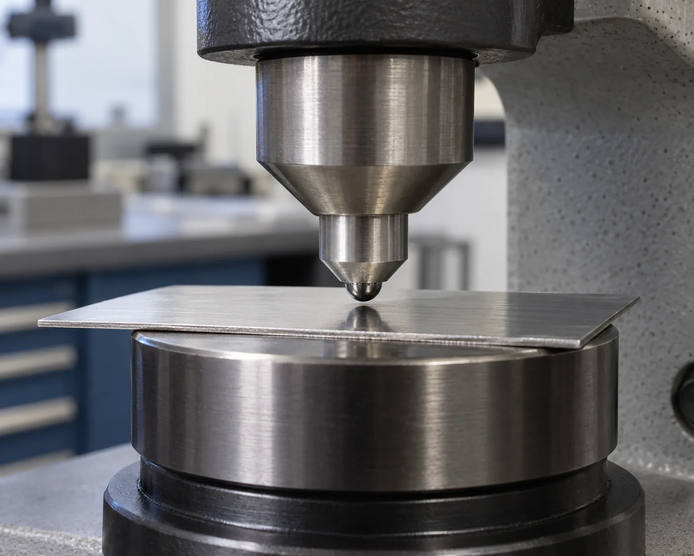 Conceptual thin stainless mounting plate coupon beside a neutral third-party hardness tester, conceptual evidence scene.