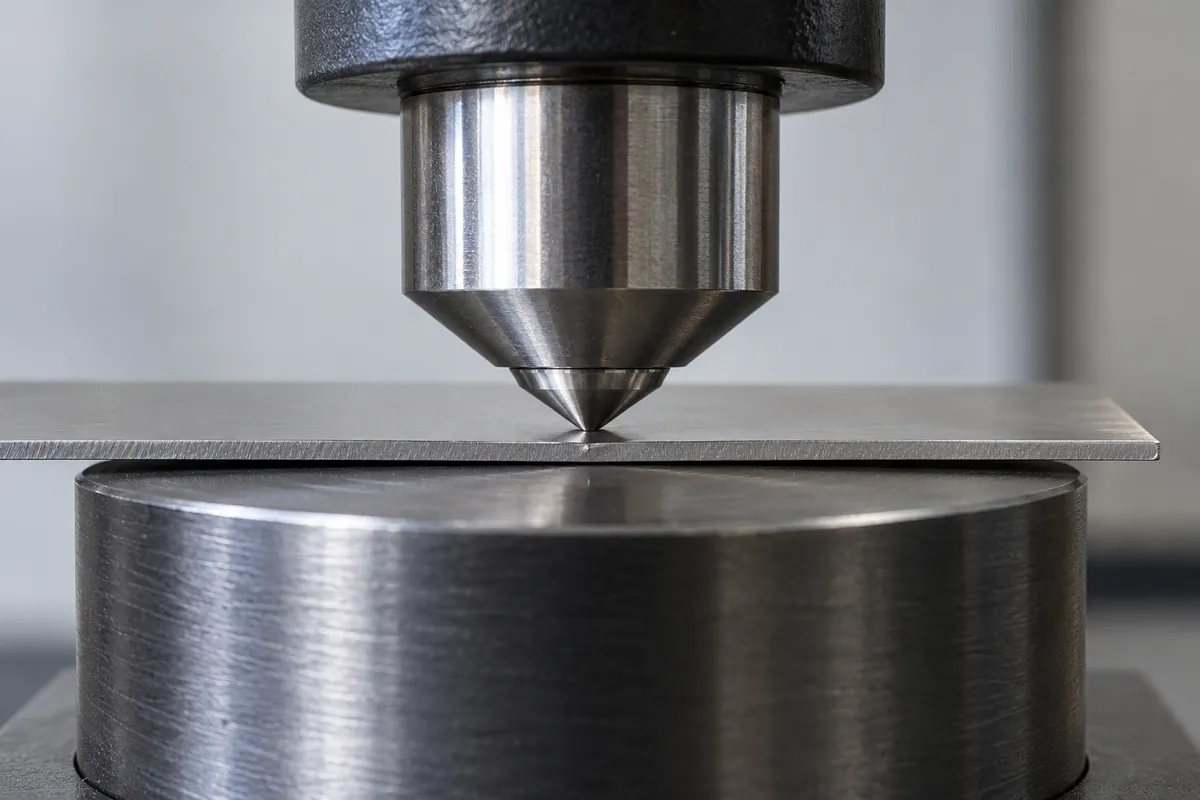Close-up showing macro view of a tiny indentation on a thin metal coupon supported on a solid anvil, no scale numbers.