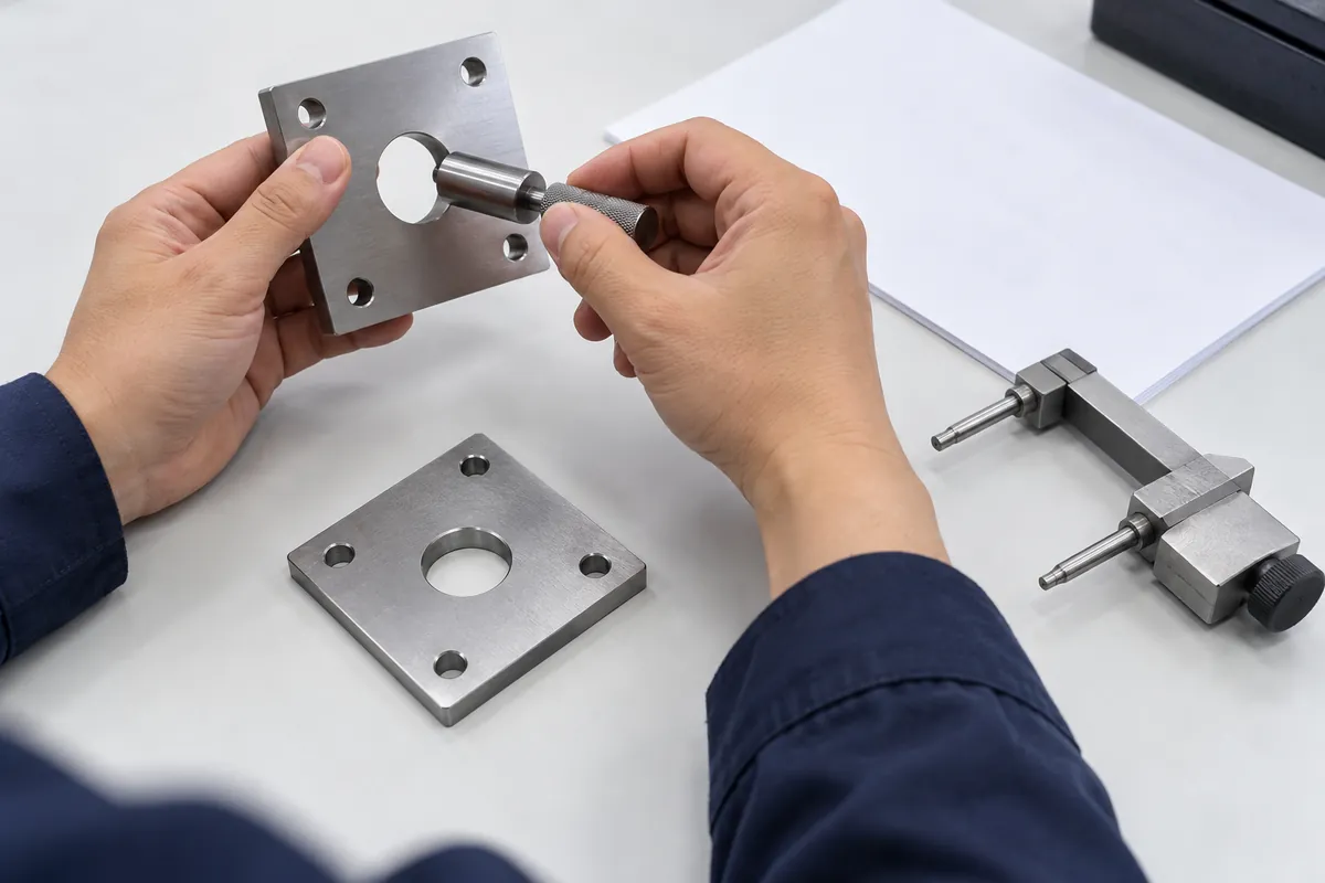 Buyer comparing hole measurement tools and a mounting bracket sample without visible readings