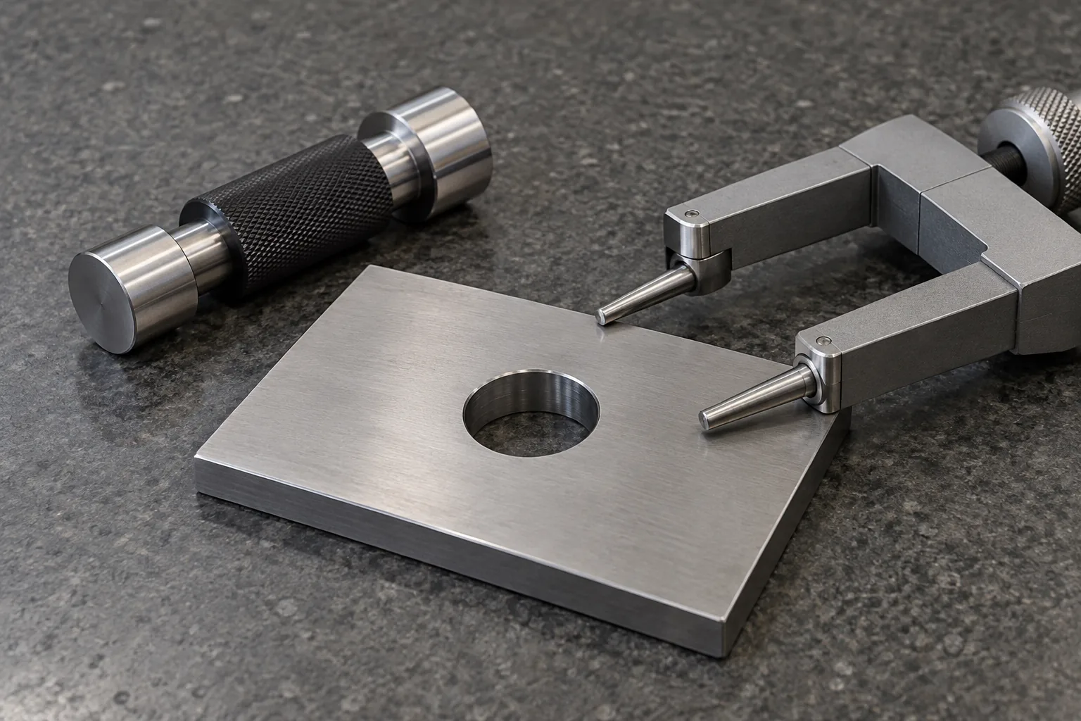 Plain mounting-hole coupon beside a plug gauge and two-point measuring tool for buyer inspection review