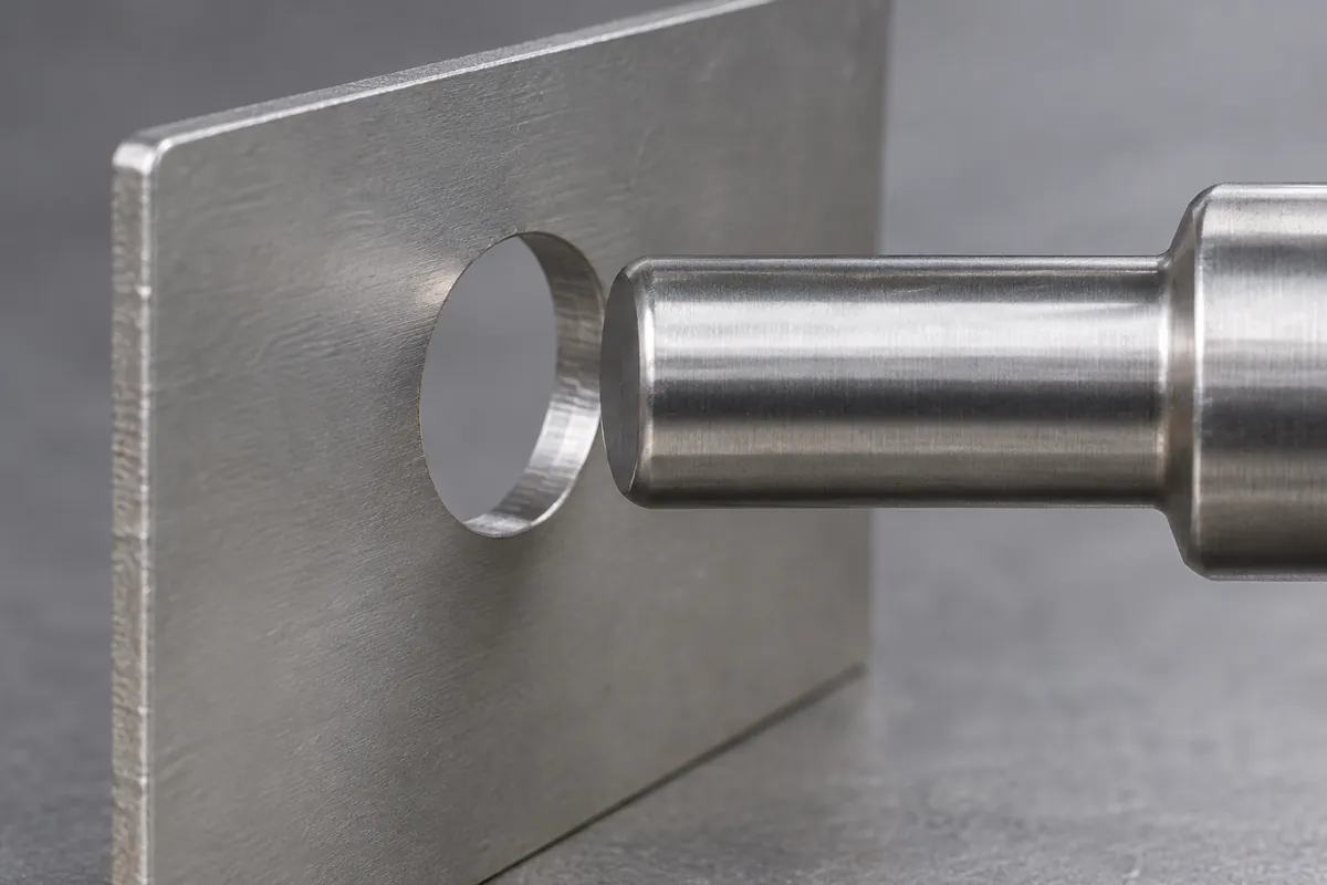 Close-up of a precision hole coupon being checked with a plain plug gauge on a neutral inspection table