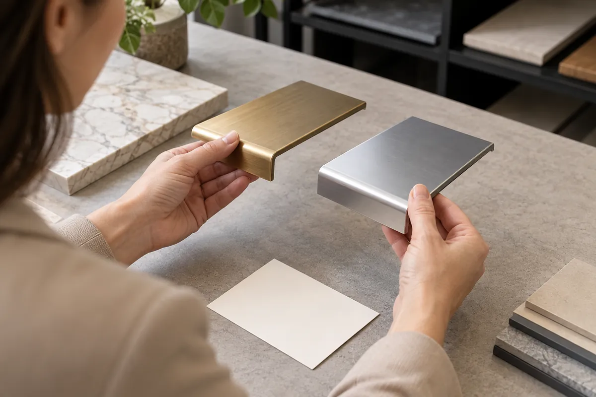 Buyer comparing visible edges on two decorative sheet-metal shelf samples