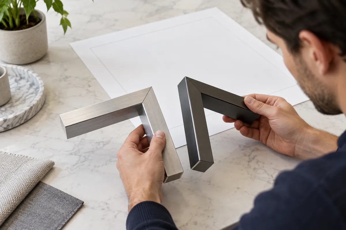 Buyer comparing aluminum joint samples and frame geometry for sourcing review