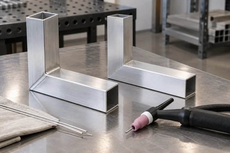 Conceptual aluminum storage frame corner sample prepared for a TIG process discussion