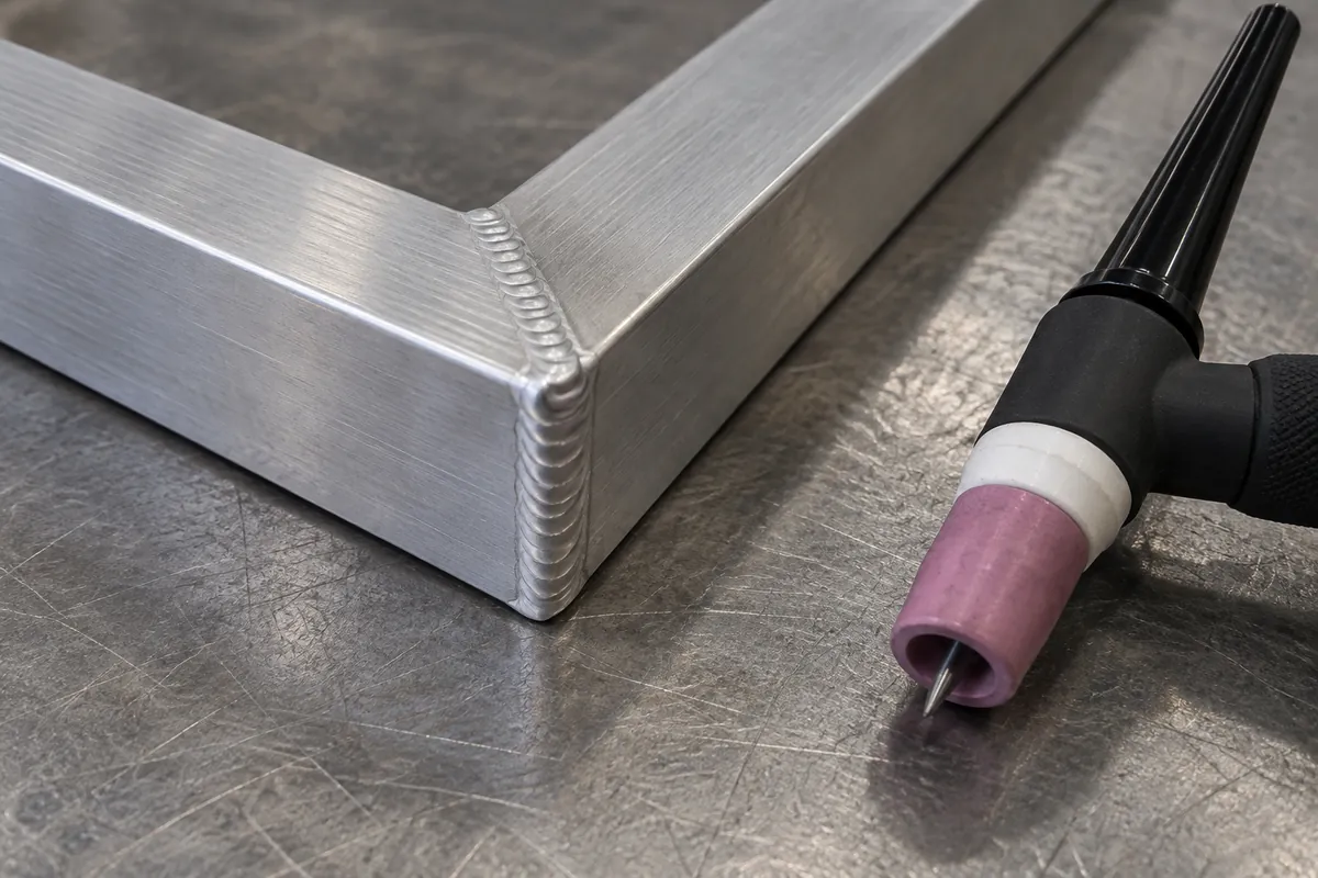 Aluminum frame joint and TIG torch staged for a buyer-facing process review without machine settings