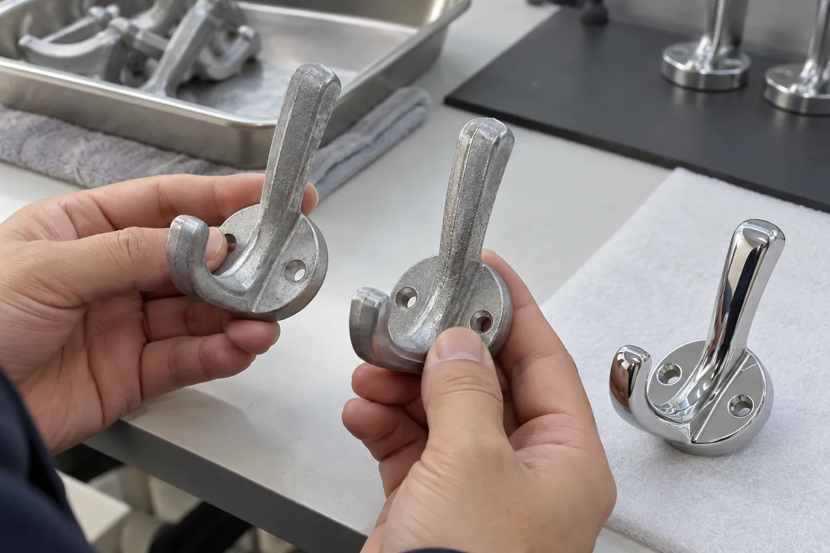 Buyer reviewing cosmetic zones on two bought-in hook casting samples