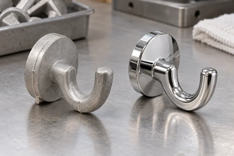 Unbranded decorative bathroom hook casting samples with visible gate and parting-line zones