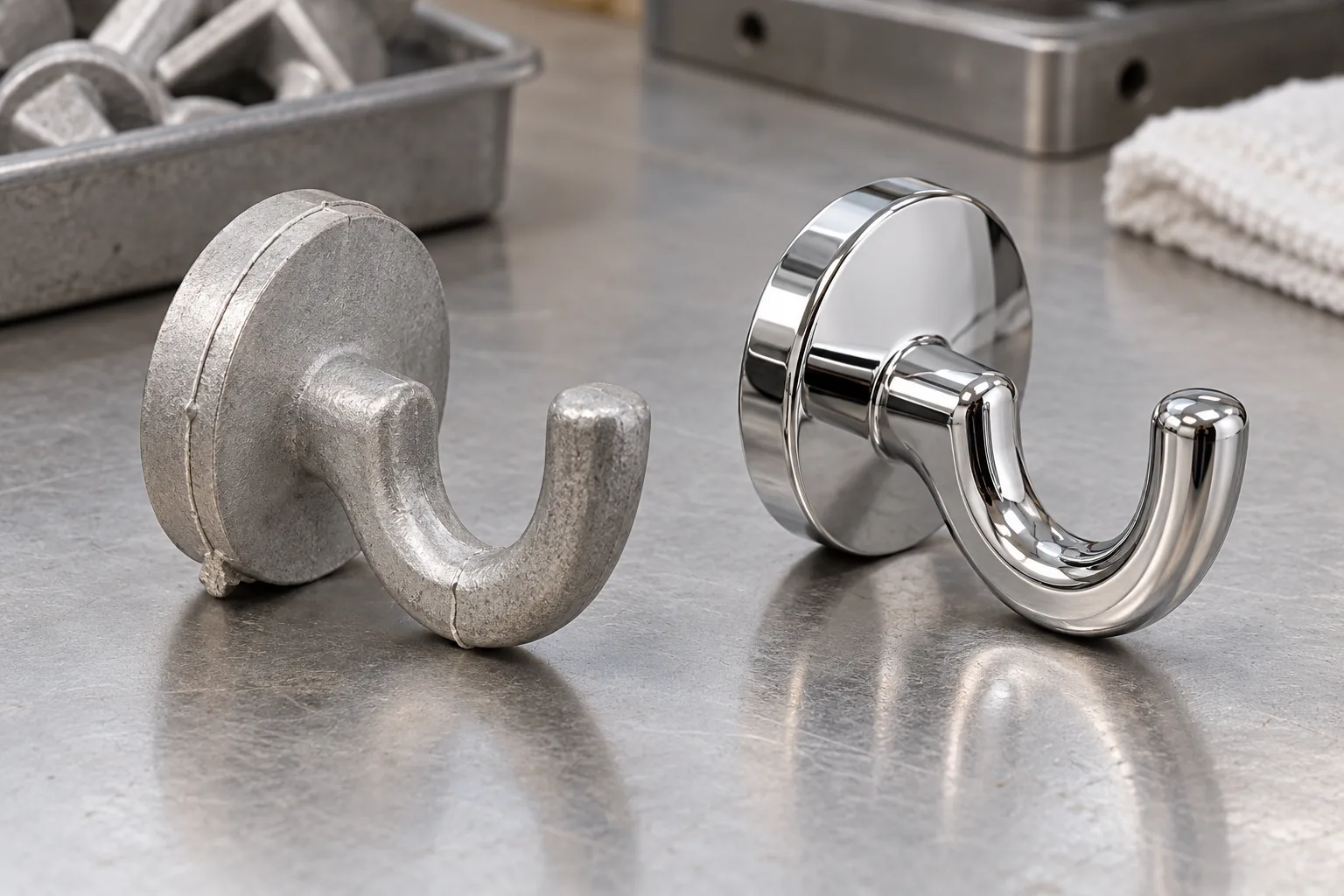 Unbranded decorative bathroom hook casting samples with visible gate and parting-line zones
