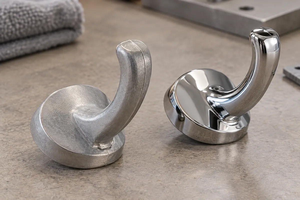 Close-up of a zinc-alloy hook sample showing a subtle casting gate area and parting line
