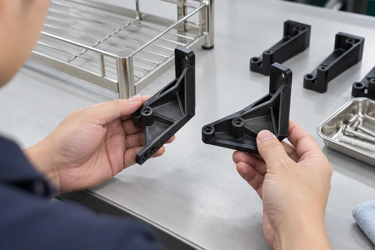 Buyer examining bought-in plastic mounting bracket samples and load-path geometry