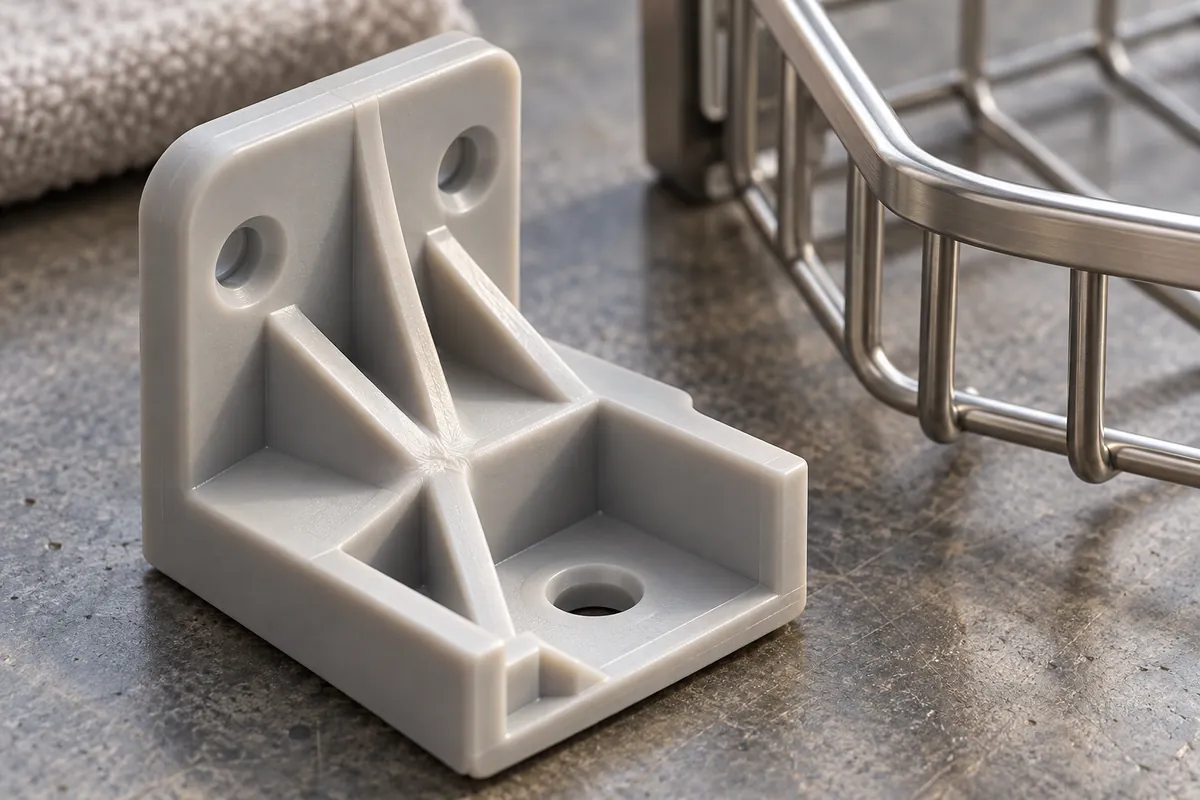 Close-up of a plastic bracket boss and converging-flow weld-line area without damage claims