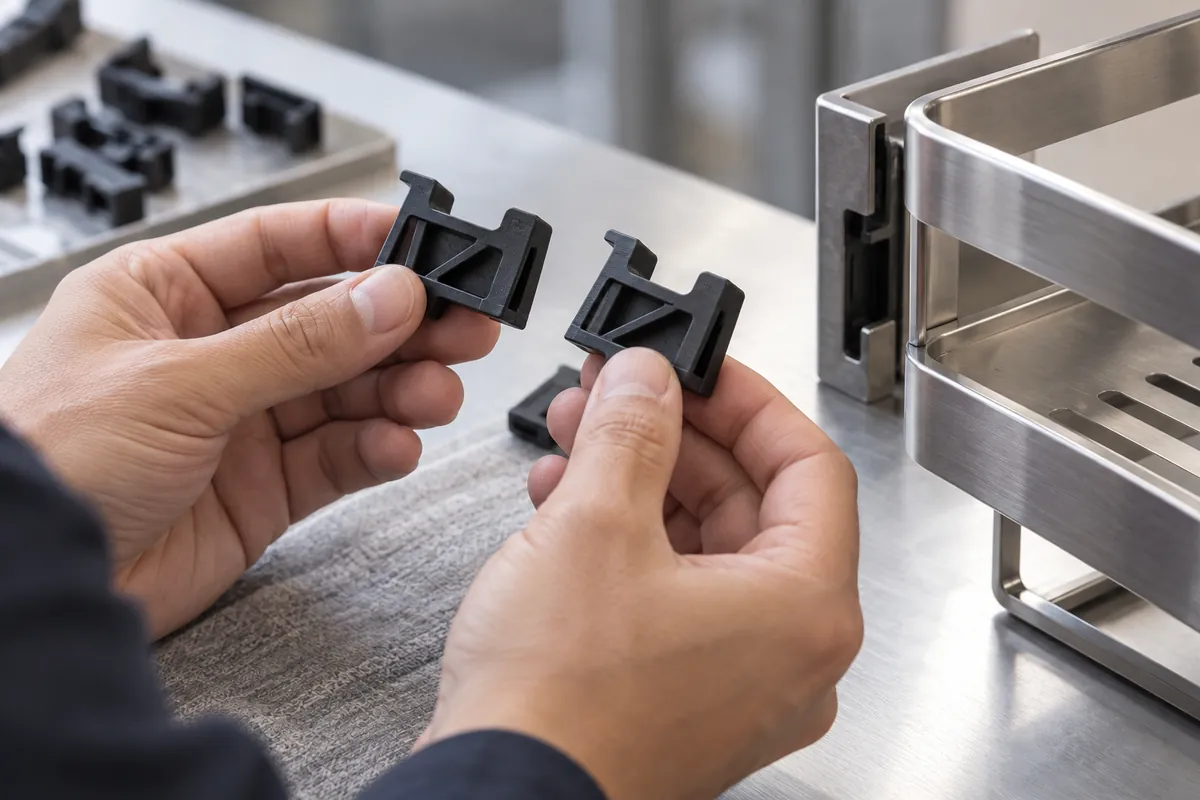 Buyer comparing nylon mounting clips and mating metal hardware samples