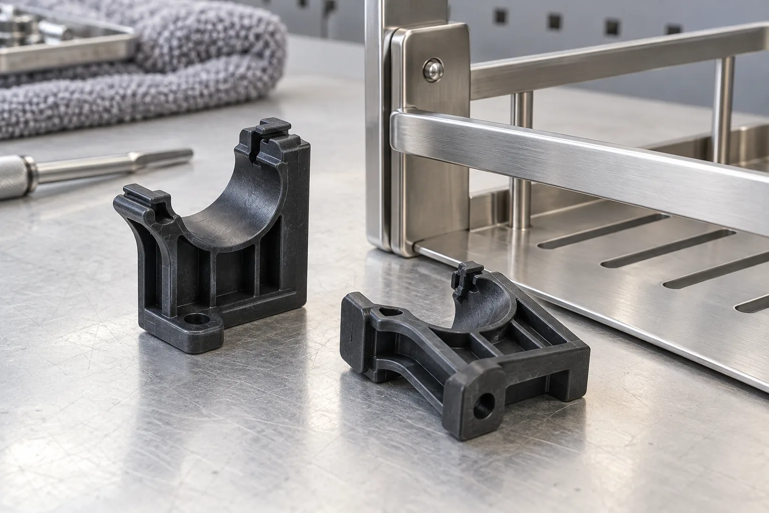 Bought-in glass-filled nylon mounting clip samples shown beside a metal hardware interface