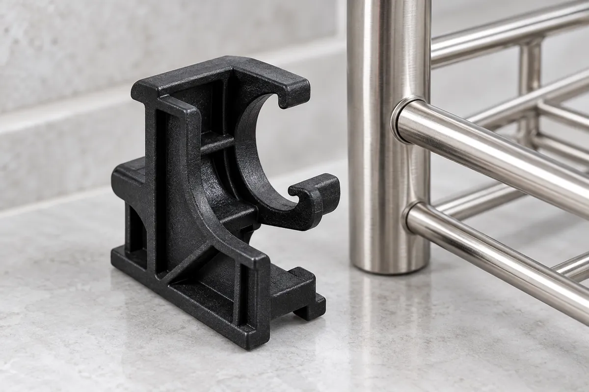 Close-up of molded nylon clips with gate and rib geometry for directional fit review